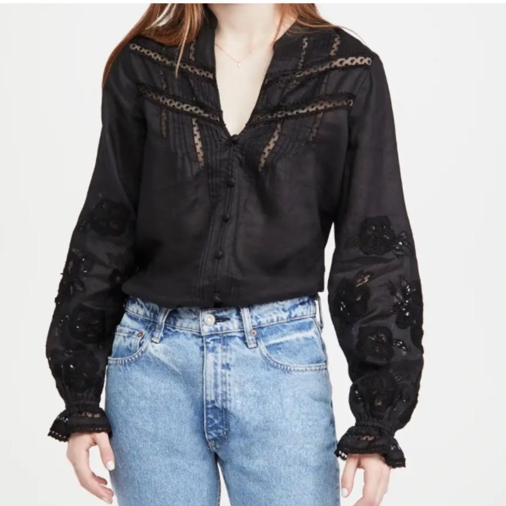 Veronica Beard Black Embroidered Sheer Button-Front Blouse